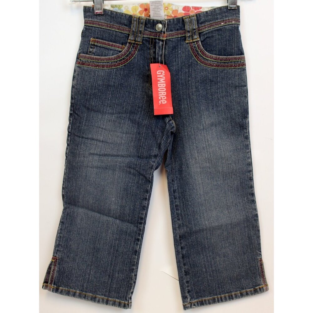 NEW 2007 Gymboree Island Getaway Denim Capris sz 8 Pocket Contrast Stitch Flower